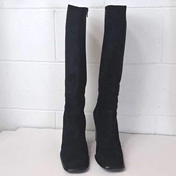 RARE VIA SPIGA Black Genuine Suede Leather Block Heel Square Toe Tall Boots - Picture 2 of 13
